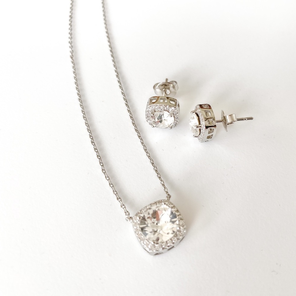 Devin Rose Silver Crystal Earrings Necklace Set